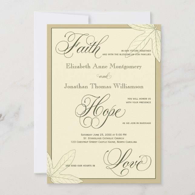 Cream Botanical Print Christian Wedding Invitation (Front)