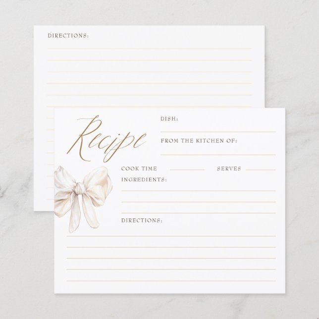 Cream Bow Elegant Bridal Shower Recipe Cards (Front/Back)