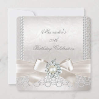 Cream Bow Pearl Damask Diamond Birthday Party Invitation