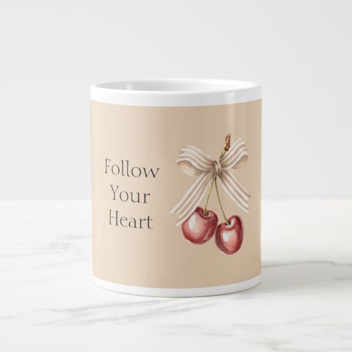 Cream Bow Red Cherries   Giant Coffee Mug