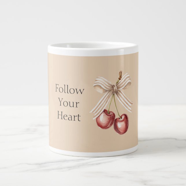 Cream Bow Red Cherries   Giant Coffee Mug (Front)