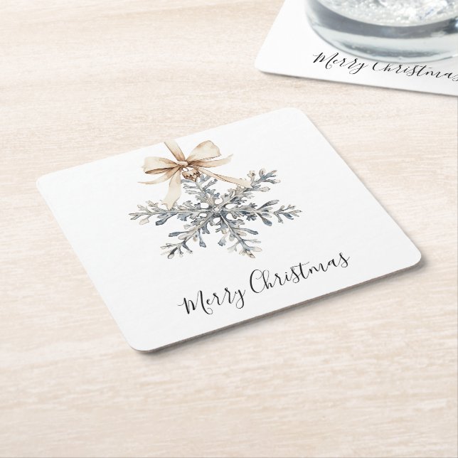 Cream Bow Silver Snowflake Square Paper Coaster (Angled)