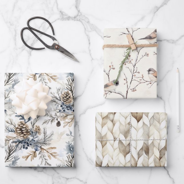 Cream Bronze Blue Birds Pine Cones Christmas Wrapping Paper Sheets (Front)