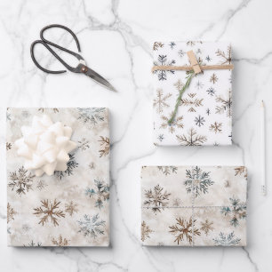 Cream Bronze Blue Snowflakes Christmas Wrapping Paper Sheets