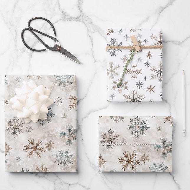 Cream Bronze Blue Snowflakes Christmas Wrapping Paper Sheets (Front)