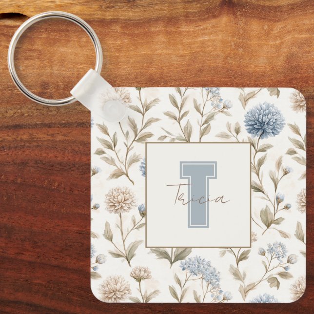 Cream Brown Blue Flowers Monogram Initial Name Keychain (Front)