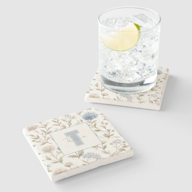 Cream Brown Blue Flowers Monogram Initial Name Stone Coaster (Side)