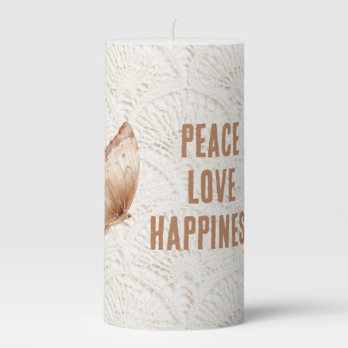 Cream Brown Boho Bohemian Butterfly Pillar Candle