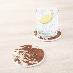 Cream Brown Cowgirl Cowboy Cowhide Coaster
