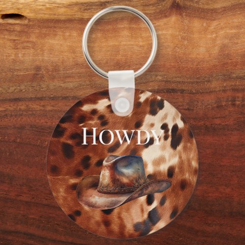 Cream Brown Cowhide Cowboy Hat Keychain