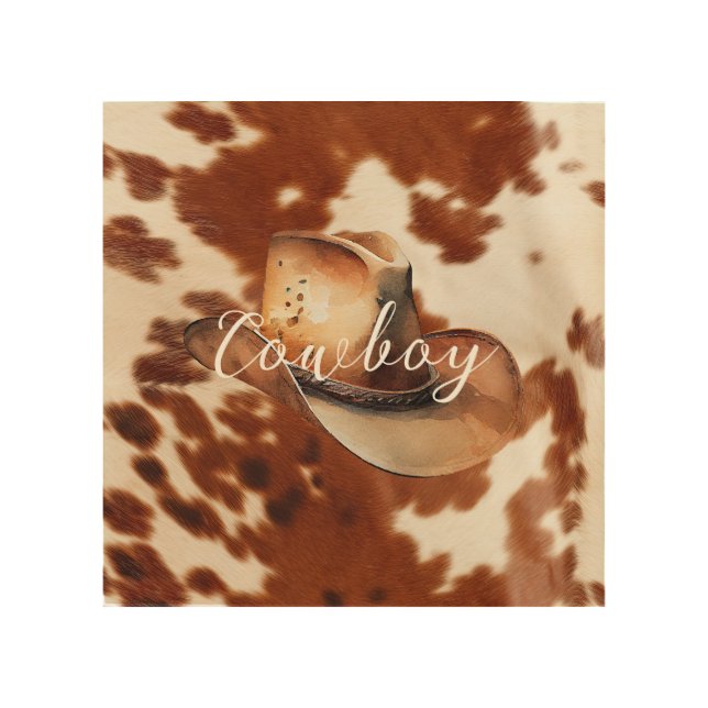 Cream Brown Cowhide Cowboy Hat Wood Wall Art (Front)