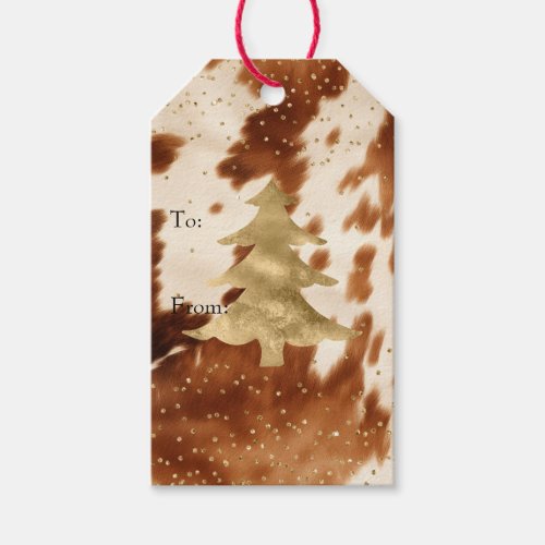 Cream Brown Cowhide Gold Tree Gift Tags