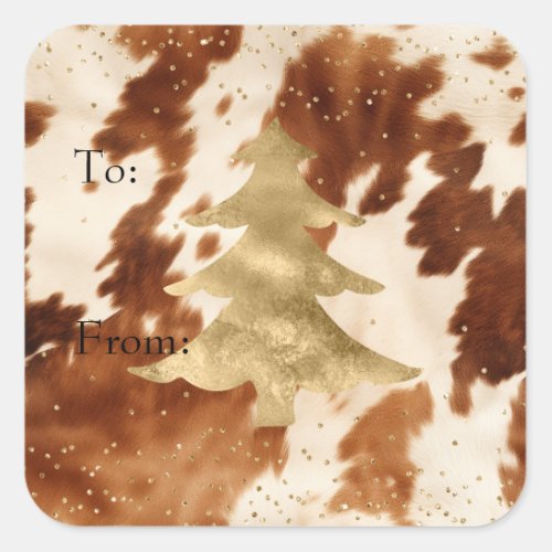 Cream Brown Cowhide Gold Tree Square Sticker