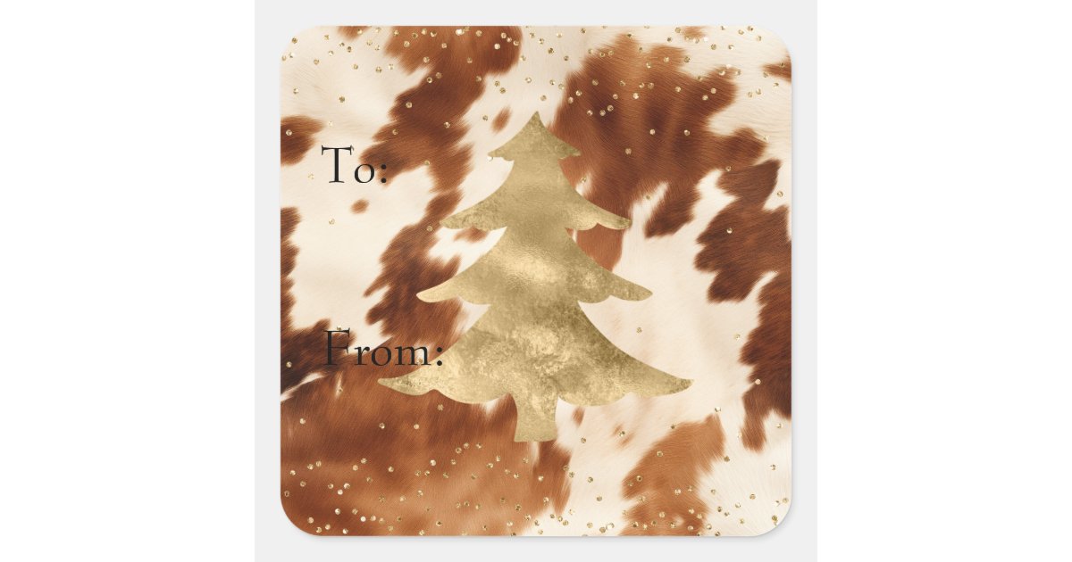 Cowhide Sticker Cream Brown Cowhide Gold Tree Square Sticker | Zazzle