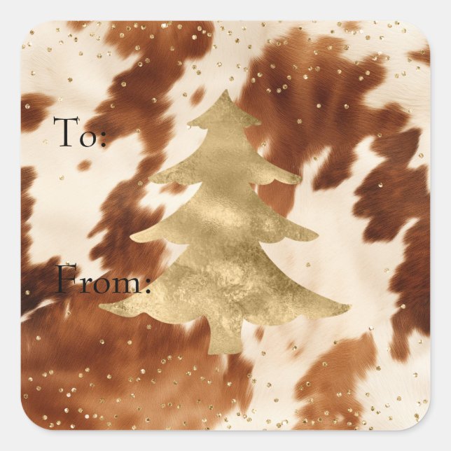 Cream Brown Cowhide Gold Tree Square Sticker (Front)