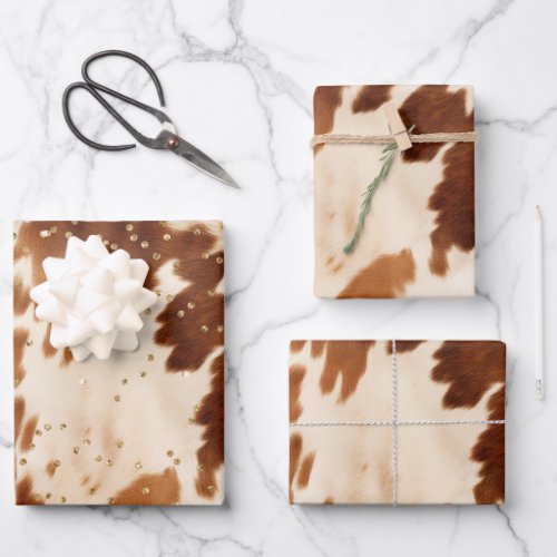 Cream Brown Cowhide Gold Tree Wrapping Paper Sheets