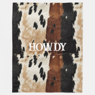Cream Brown Cowhide Howdy Fleece Blanket