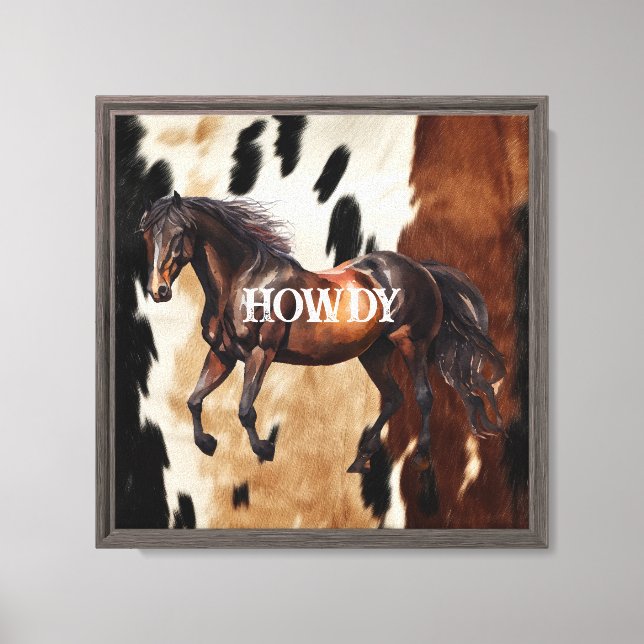 Cream Brown Cowhide Howdy Horse  Canvas Print (Front)