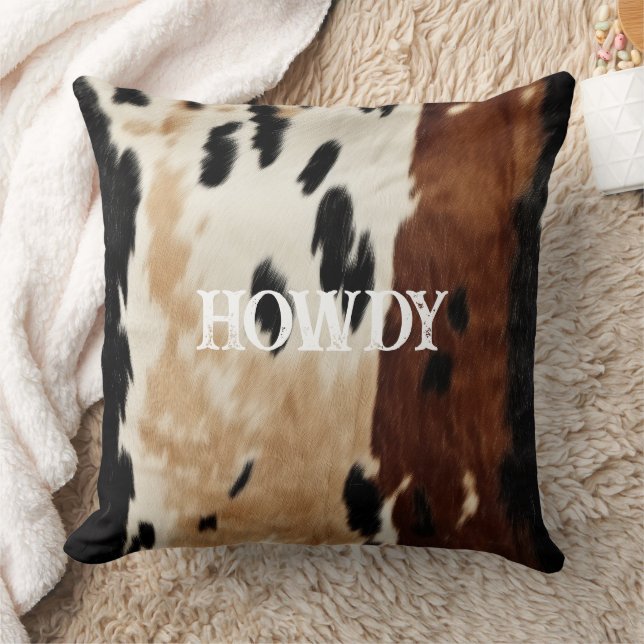 Cream Brown Cowhide Howdy  Throw Pillow (Blanket)