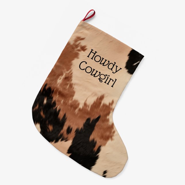 Cream Brown Cowhide Large Christmas Stocking (Front (Hanging))