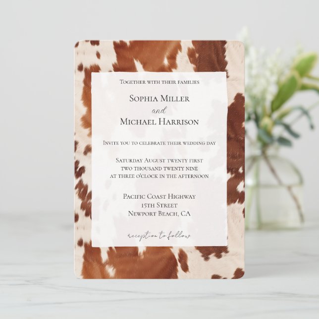 Cream Brown Cowhide Western Wedding Invitation (Standing Front)