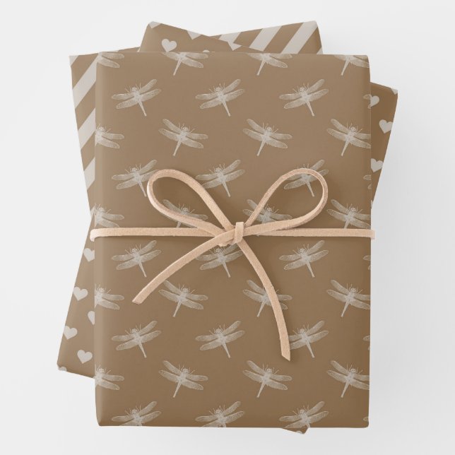 Cream Brown Dragonflies Hearts Stripes Wrapping Paper Sheets (In situ)