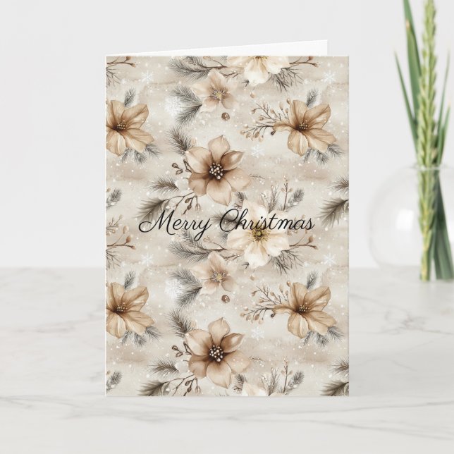Cream Brown Floral Christmas Card (Front)