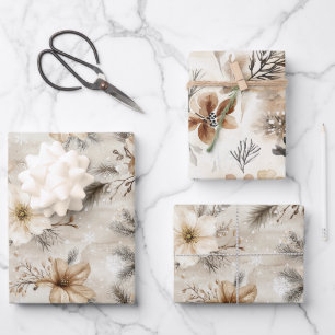 Cream Brown Floral Christmas Wrapping Paper Sheets