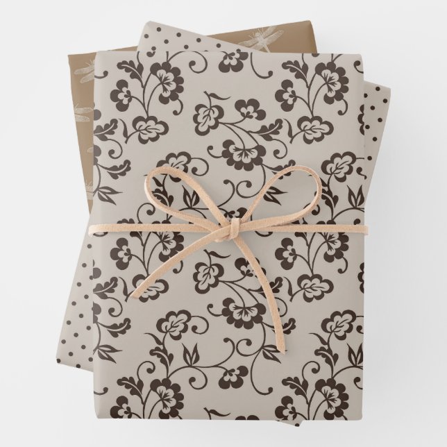 Cream Brown Flowers Dots Dragonflies Wrapping Paper Sheets (In situ)