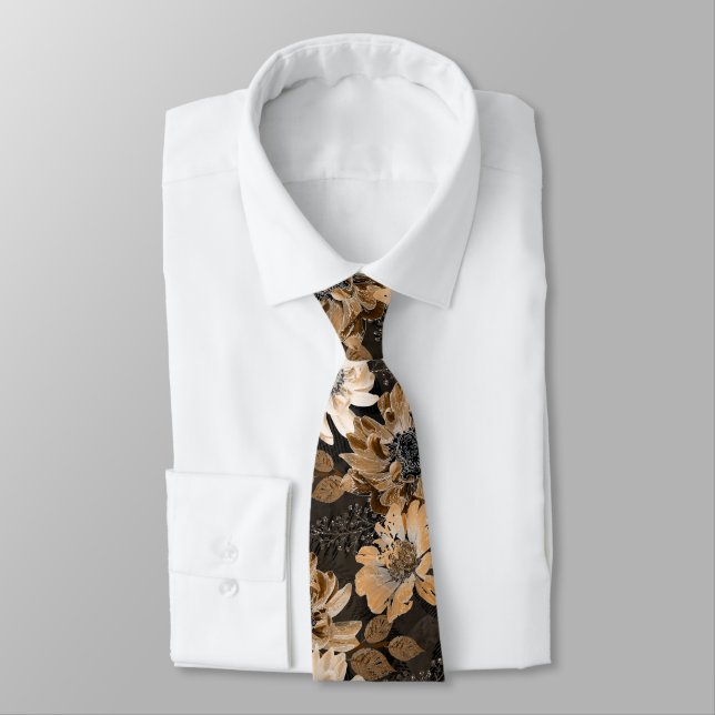 Cream, brown flowers on a dark brown  neck tie (Tied)