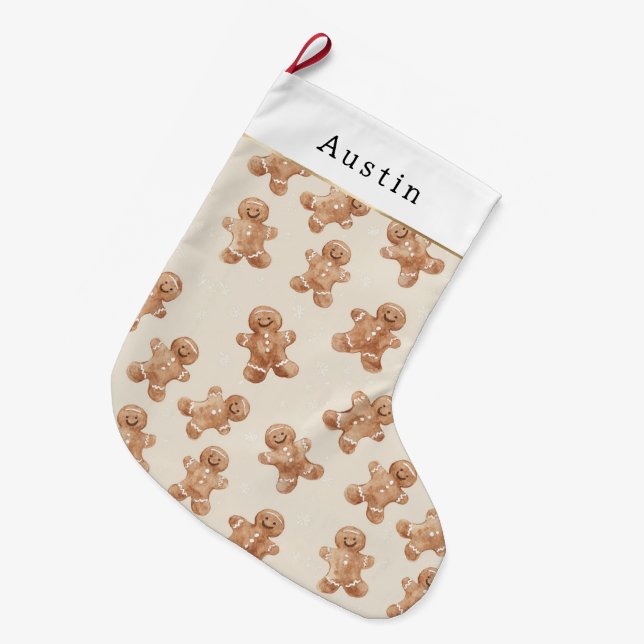 Cream Brown Gingerbread Cookies Large Christmas Stocking (Front (Hanging))