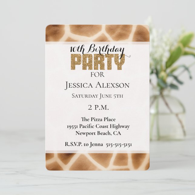  Cream Brown Giraffe Animal Gold Glitter Party Invitation (Standing Front)
