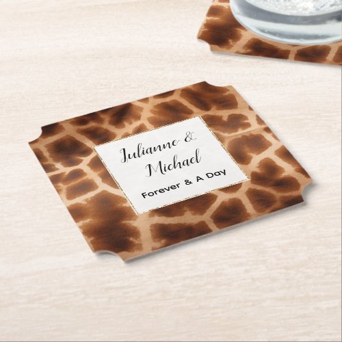 Cream Brown Giraffe Animal Wedding Paper Coaster