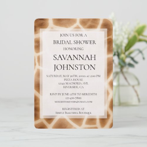 Cream Brown Giraffe Safari Animal Bridal shower Invitation