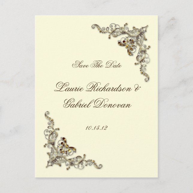 Cream Brown Gold Ornate Jeweled Save The Date Announcement Postcard (Front)
