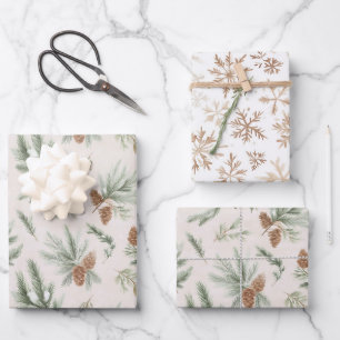 Cream Brown Green Christmas Pine Cones Snowflakes Wrapping Paper Sheets