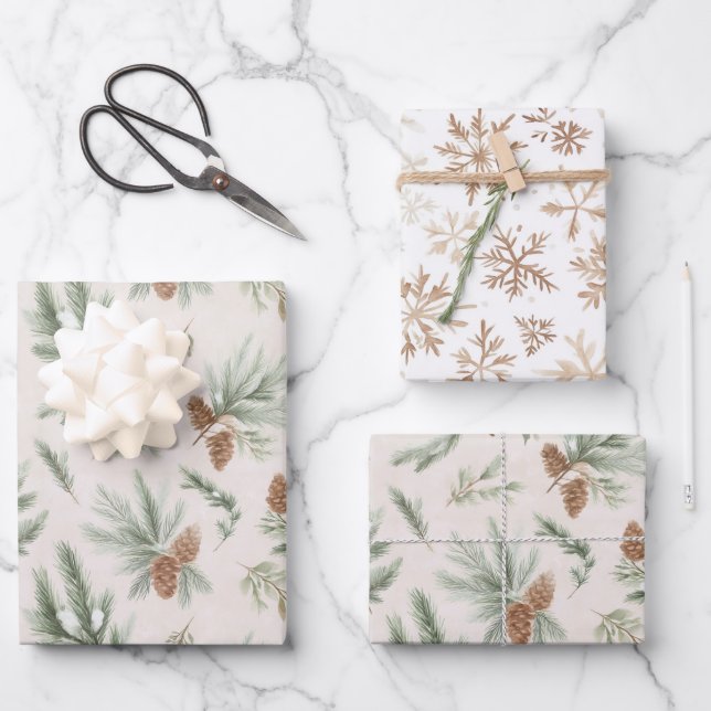 Cream Brown Green Christmas Pine Cones Snowflakes Wrapping Paper Sheets (Front)