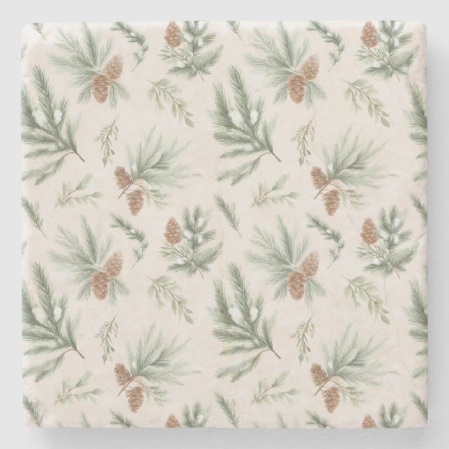 Cream Brown Green Christmas Pine Cones Stone Coaster (Front)