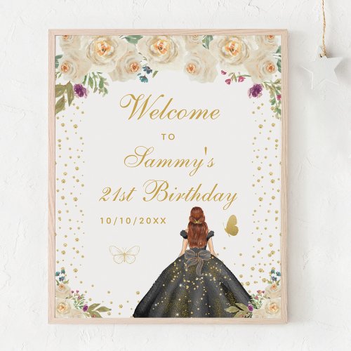 Cream Brown Hair Girl Birthday Party Welcome Poster