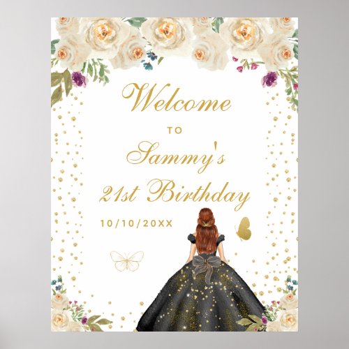Cream Brown Hair Girl Birthday Party Welcome Poster