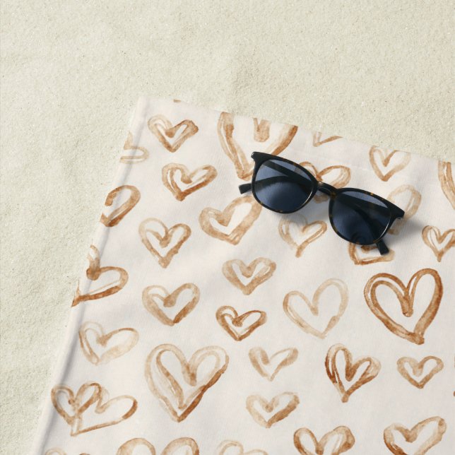 Cream Brown Hearts Valentine's Day Beach Towel (In Situ)