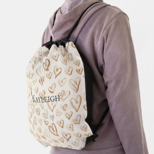 Cream Brown Hearts Valentine's Day Love Drawstring Bag