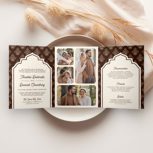 Cream Brown Ikat Photo Collage Indian Wedding Tri_Fold Invitation