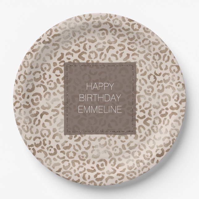 Cream Brown Leopard Print Birthday   Paper Plates (Front)