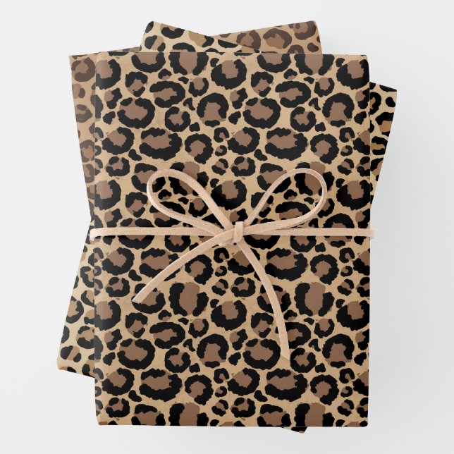 Cream Brown Leopard Print Wrapping Paper Sheets (In situ)
