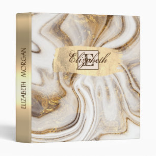 Cream Brown Marble,Gold Brush Stroke, Monogram 3 Ring Binder