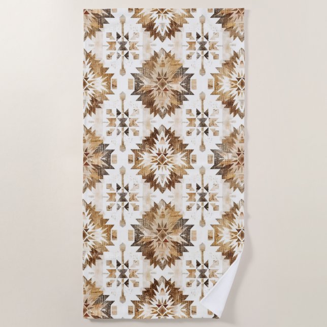Cream Brown Native Tribal Beach Towel (Front)
