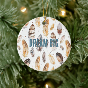 Cream Brown Native Tribal Feathers Christmas Ceramic Ornament