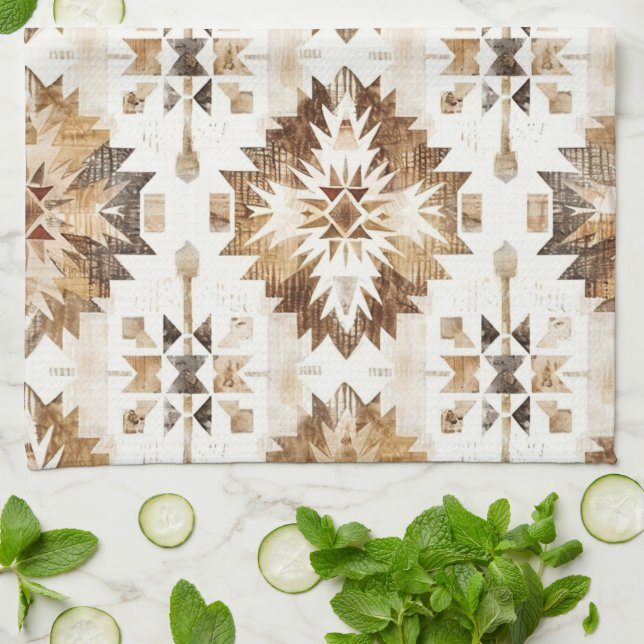 Cream Brown Native Tribal Kitchen Towel (Folded)
