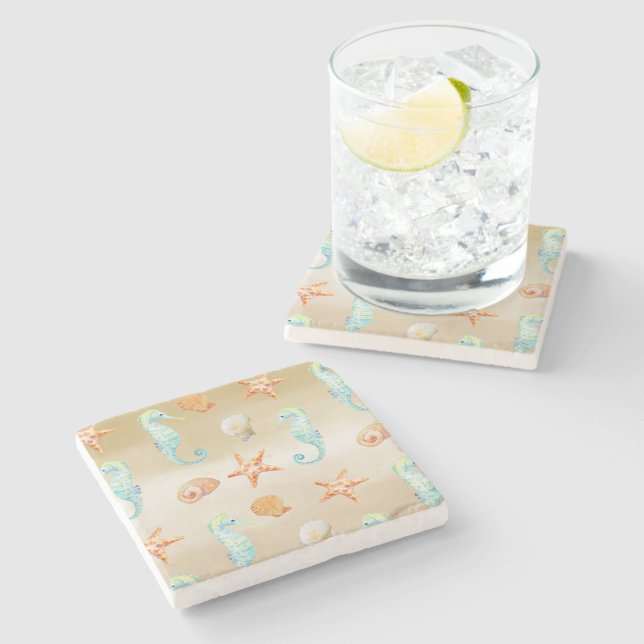 Cream Brown Ombre Shells Seahorse Stone Coaster (Side)